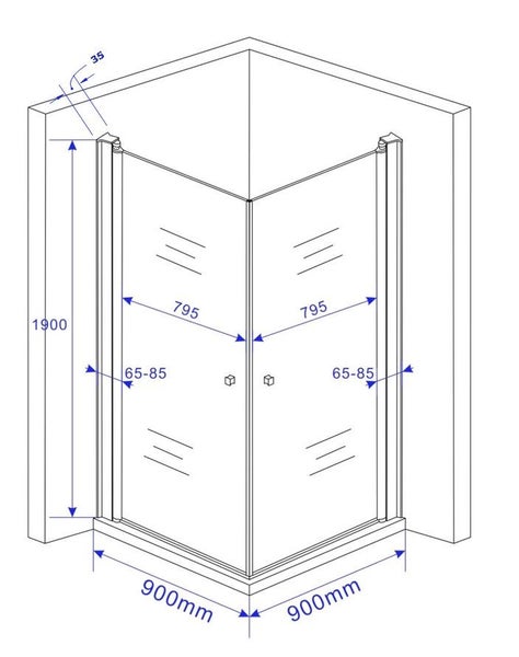 Technische Zeichnung einer Duschkabine mit Maßangaben