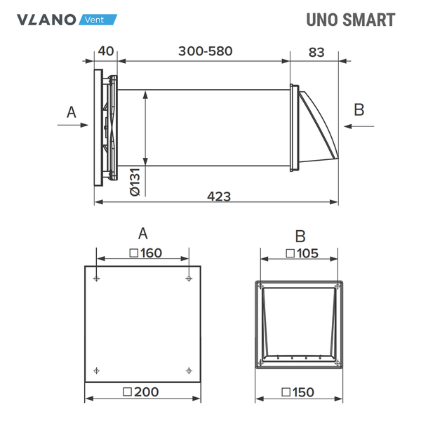 Technische Zeichnung des Vlano Vent Uno Smart Lüfters mit Maßangaben