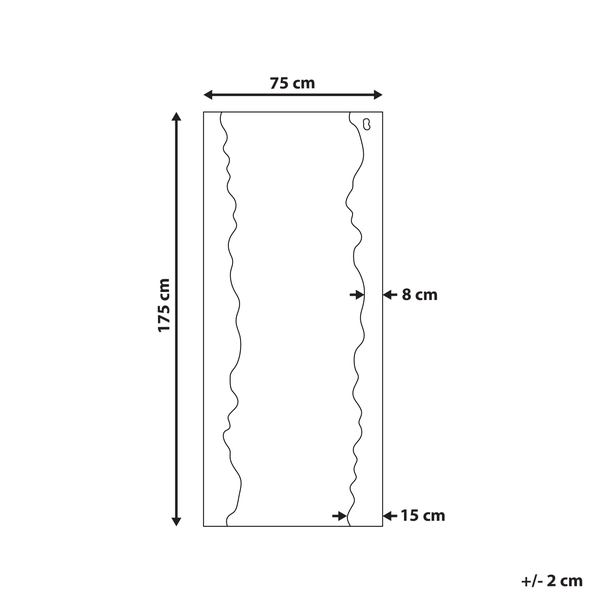 Abmessungen der Duschdichtung: 175 cm hoch, 75 cm breit, 8 cm bzw. 15 cm Abstand zum Rand