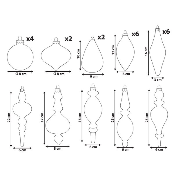 Abbildung von verschiedenen Christbaumkugeln mit Größenangaben.