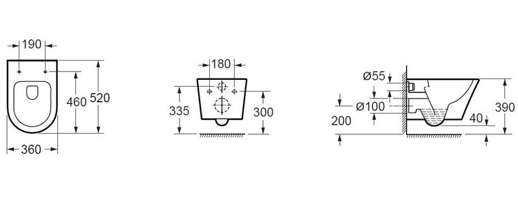 Technische Zeichnung eines wandhängenden WCs mit Bemaßung.
