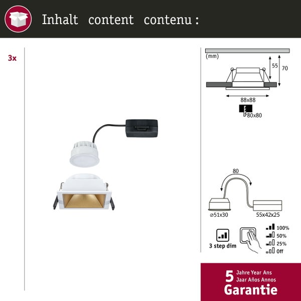 LED Einbauleuchte 3-Step-Dim Cole Coin 3er-Set IP44 eckig 88x88mm Coin 3x6W 3x470lm 230V dimmbar 2700K Weiß, Gold matt