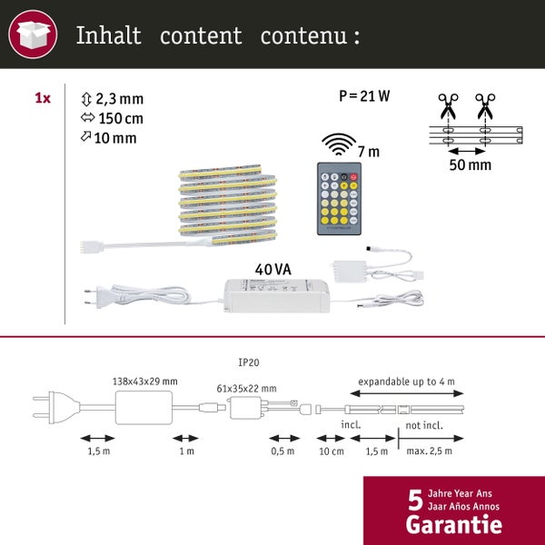Technische Zeichnung eines LED-Streifens mit Fernbedienung und Netzteil mit Maßangaben und Hinweisen zur Erweiterbarkeit und Garantie