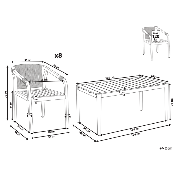 Maßskizze für einen Gartentisch und Gartenstühle mit Abmessungen in Zentimeter und einer maximalen Traglast von 120 Kilogramm.