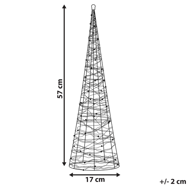 Abmessungen einer dekorativen Weihnachtsbaumleuchte mit einer Höhe von 57 cm und einer Breite von 17 cm.