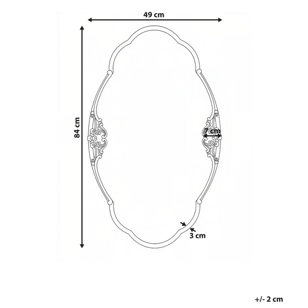 Skizze eines verzierten ovalen Spiegels: Höhe 84 Zentimeter, Breite 49 Zentimeter, Rahmendicke 3 Zentimeter. Toleranz plus minus 2 Zentimeter.