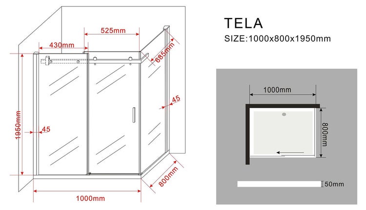 Technische Zeichnung einer Tela Duschkabine mit Abmessungen