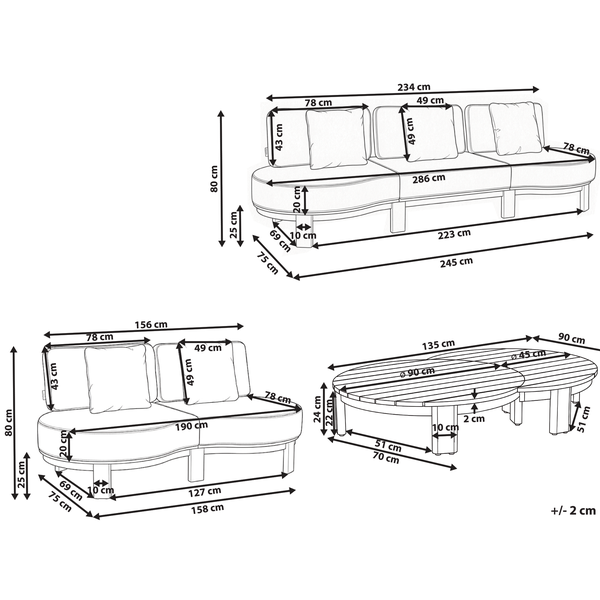 Maßzeichnung eines Loungeset-Sofas und Couchtisches mit detaillierten Abmessungen für die Gartenmöbelplanung.