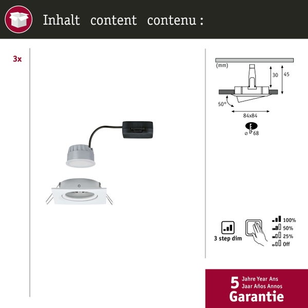 LED Einbauleuchte 3-Step-Dim Nova Coin 3-Step-Dim Basisset schwenkbar eckig 84x84mm 50° Coin 3x6W 3x470lm 230V dimmbar 2700K Weiß matt
