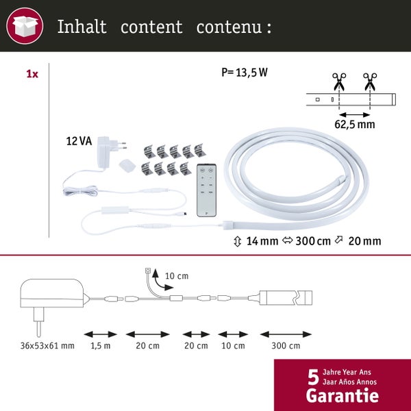 Packungsinhalt LED-Lichtschlauch inklusive Zubehör und Maßangaben