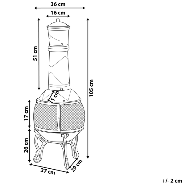 Gartenkamin aus Gusseisen in Bronze-Optik mit hohem Schornstein, Funkenschutzgitter und schwenkbarem Grillrost.