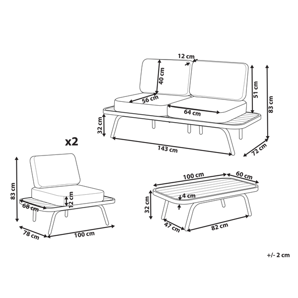 Abmessungen einer Gartensitzgruppe mit Sofa, zwei Sesseln und Tisch