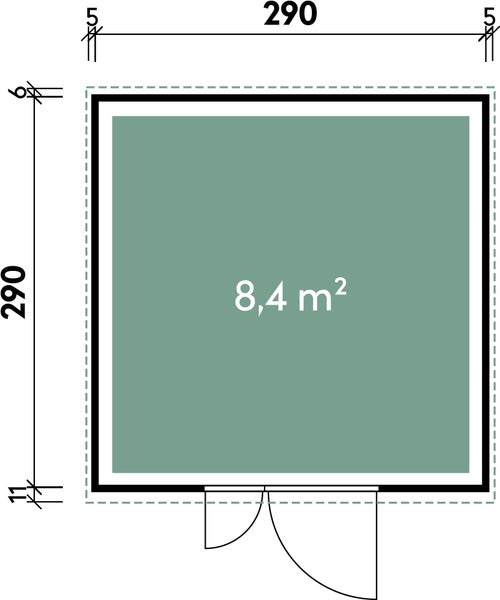 Grundriss eines Gartenhauses mit 8,4 Quadratmeter Fläche und einer quadratischen Außenwand von 290 mal 290 Zentimetern mit einer Doppeltür.