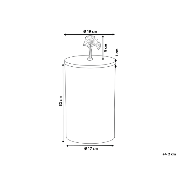 Maßzeichnung einer zylindrischen Dose mit Blattgriff: Höhe 32 Zentimeter, Deckel Durchmesser 19 Zentimeter, Boden Durchmesser 17 Zentimeter.