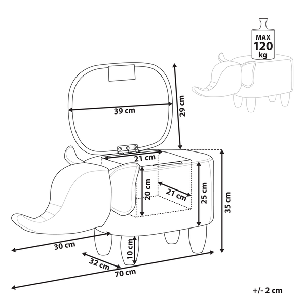 Produktabmessungen des Elefantenhockers