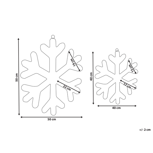 Abmessungen von zwei Schneeflocken, 50 Zentimeter und 40 Zentimeter