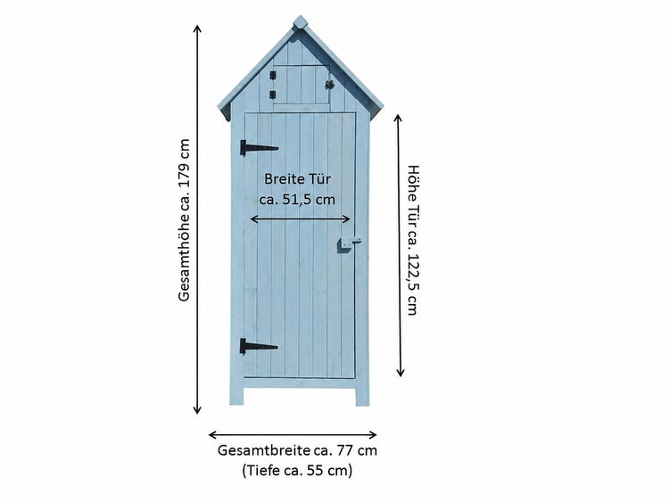 Geräteschrank aus Holz mit Satteldach und Maßen wie Gesamthöhe circa 179 Zentimeter und Gesamtbreite circa 77 Zentimeter.