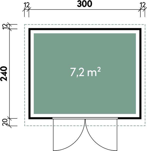 Maßzeichnung für Gartenhaus Grundriss mit 7,2 Quadratmeter Fläche und Außenmaßen 300 mal 240 Zentimeter.