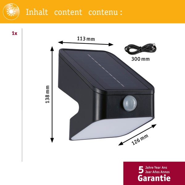 Solar LED Wandfluter Lesly Dämmerungsgesteuerter Bewegungsmelder (IR) IP65 eckig 113x126mm 3000K 5,5W 400lm 3,7V Anthrazit Kunststoff