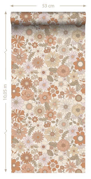 ESTAhome Tapete Retro Blumen Terrakotta und Hellbeige - 53 cm x 10.05 m - 131247