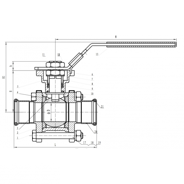 Technische Querschnittzeichnung eines Kugelhahns mit nummerierten Bauteilen, Abmessungen und einem Handhebel.