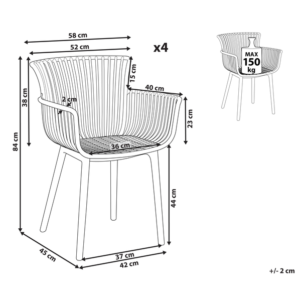Technische Zeichnung eines Stuhls mit Maßangaben und maximaler Belastbarkeit von 150 Kilogramm