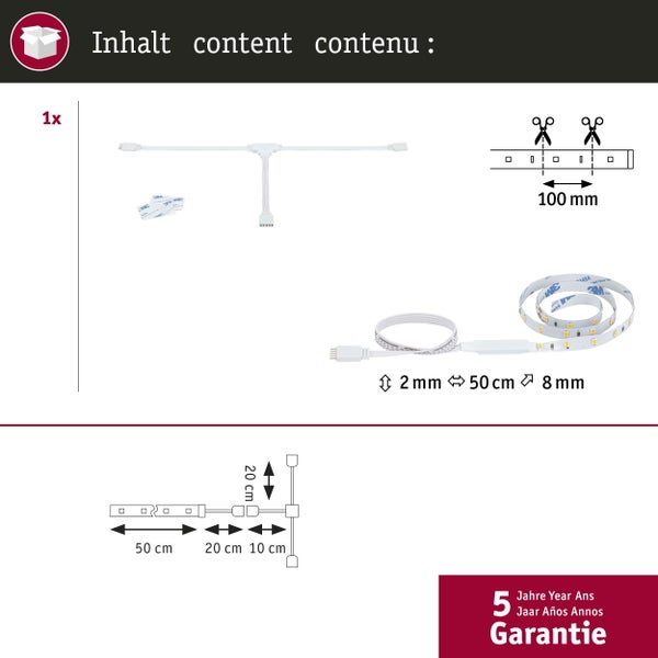Abbildung des Packungsinhalts eines LED-Streifens mit Zubehör und Maßangaben