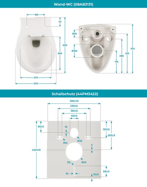 Calmwaters® Spülrandloses Wand WC im Set mit WC Sitz & Schallschutz, antibakterieller Toilettendeckel mit doppelter Absenkautomatik & abnehmbar, WC ohne Spülrand, mit Schallschutzmatte, 99000258