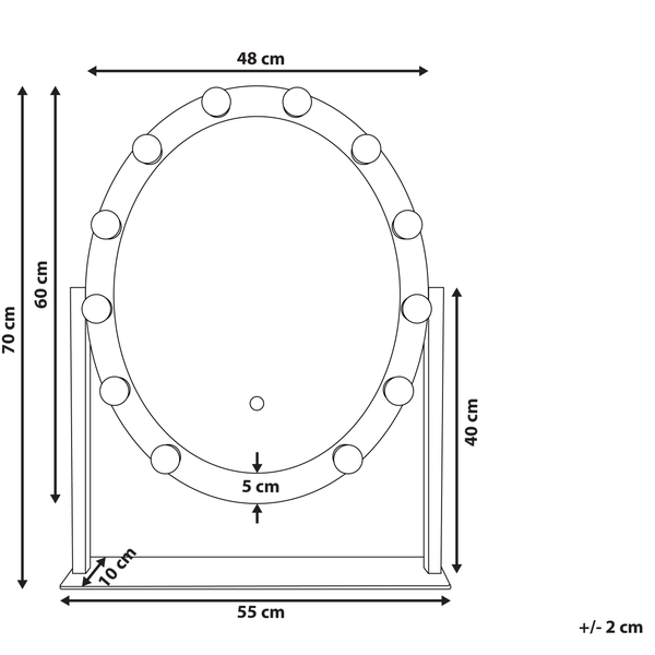 Technische Zeichnung eines beleuchteten Spiegels mit Maßangaben