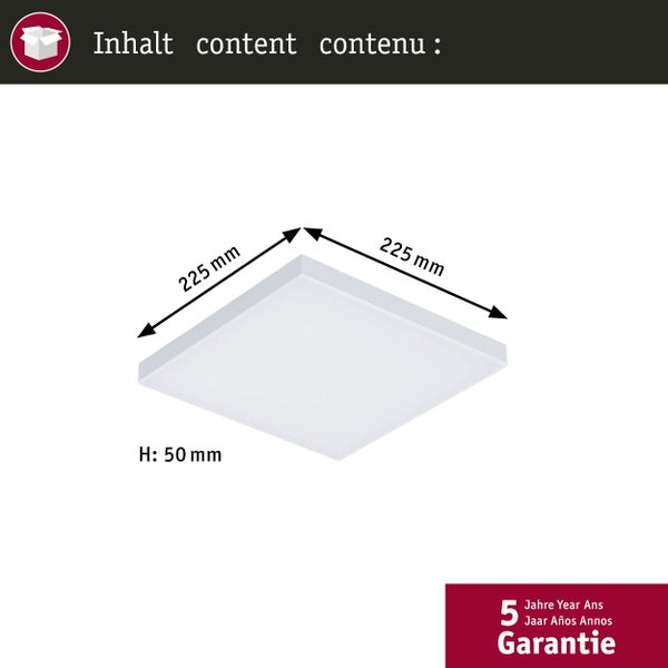 Abmessungen einer LED Lampe: 225 mm breit, 225 mm lang und 50 mm hoch. Fünf Jahre Garantie.