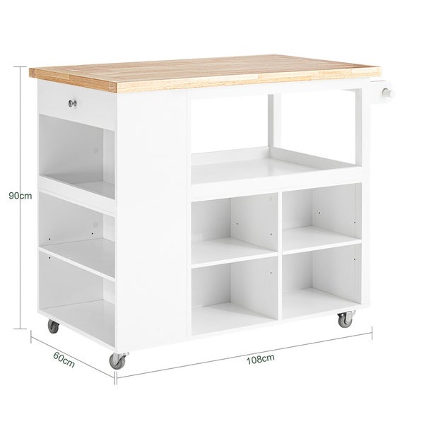Küchenwagen mit Holzplatte, Schublade und mehreren Ablagefächern, Abmessungen 90 cm Höhe, 60 cm Tiefe und 108 cm Breite