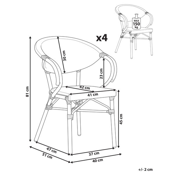 Maßzeichnung eines Bistrostuhls im 4er-Set mit einer Belastbarkeit von maximal 150 Kilogramm. Gesamthöhe 81 Zentimeter, Sitzhöhe 45 Zentimeter.
