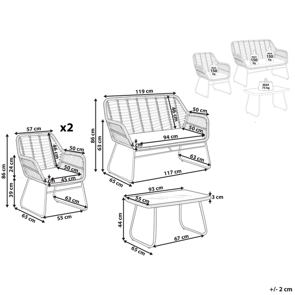 Technische Zeichnung eines Loungesets mit Sofa, zwei Stühlen und Tisch mit Maßangaben und maximaler Belastbarkeit