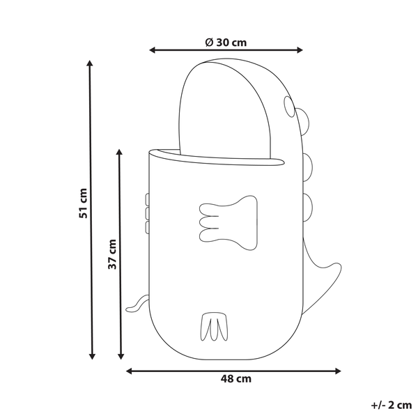 Maßzeichnung eines Dinosaurier-Kinderzimmer-Abfalleimers mit den Maßen 51 Zentimeter Höhe, 30 Zentimeter Durchmesser und 48 Zentimeter Breite