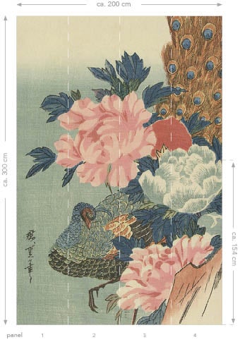 Origin Wallcoverings Fototapete Pfau und Pfingstrosen Altrosa, Grün und Blau - 2 x 3 m - 357233