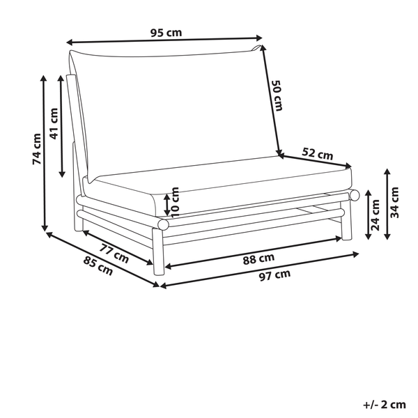 Loungesofa Maßskizze: Breite 97 Zentimeter, Tiefe 85 Zentimeter, Höhe 74 Zentimeter, Sitzhöhe 34 Zentimeter, Sitztiefe 52 Zentimeter.