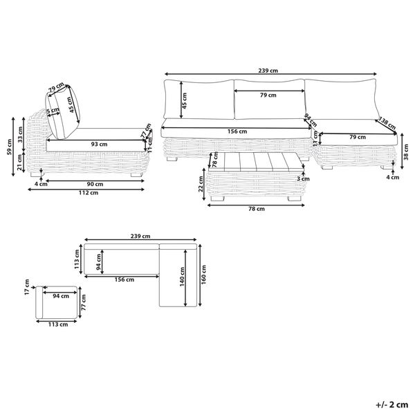 Lounge Set mit Tisch 4-Sitzer VARALLO rechtsseitig modular Rattan Grau