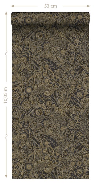 ESTAhome Tapete Blumenzeichnungen Schwarz und Gold - 53 cm x 10.05 m - 139563