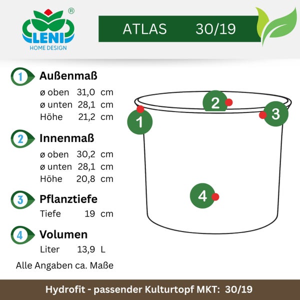 Maßzeichnung für Leni Home Design Pflanztopf Atlas 30/19 mit Angaben zu Außen- und Innenmaßen, Pflanztiefe und Volumen in Zentimetern und Litern.