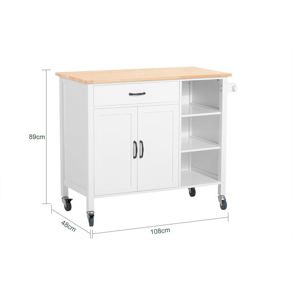 Küchenwagen mit Schublade, Schranktüren, Regalen und Rollen, Maße 89 cm Höhe, 48 cm Tiefe und 108 cm Breite