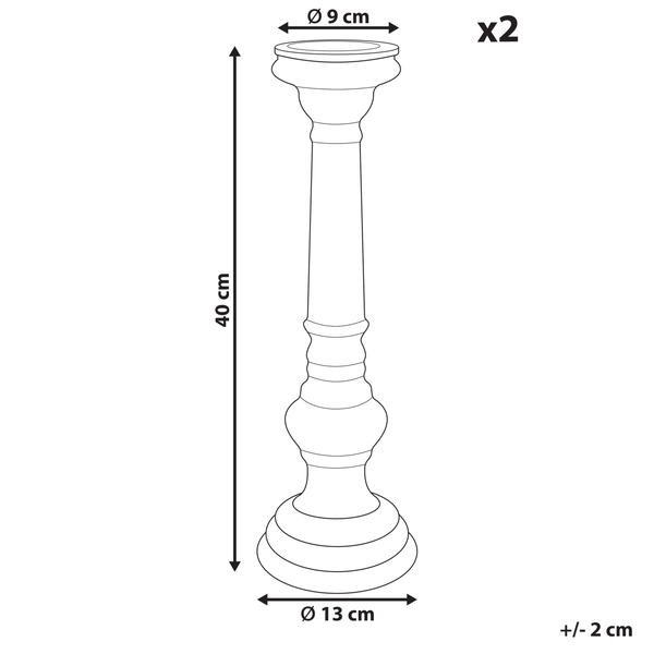 Technische Zeichnung von zwei Kerzenständern mit den Maßen 40 cm Höhe, 9 cm Durchmesser oben und 13 cm Durchmesser unten