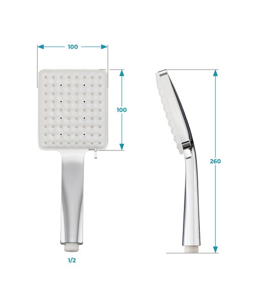 Quadratische Handbrause mit Abmessungen: Kopf 100 mal 100 Millimeter, Gesamtlänge 260 Millimeter und Anschluss 1/2 Zoll.
