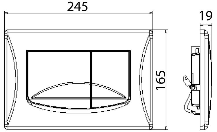 Technische Zeichnung einer Betätigungsplatte für die Toilette mit Maßen: Breite 245 Millimeter, Höhe 165 Millimeter und Tiefe 19 Millimeter.