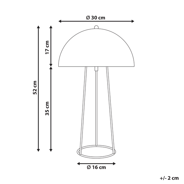 Skizze einer Tischleuchte mit den Maßen 52 cm Höhe, 30 cm Schirmdurchmesser und 16 cm Fußdurchmesser
