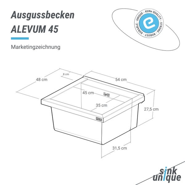 Marketingzeichnung des Ausgussbeckens ALEVUM 45 mit Maßen: 54 mal 48 mal 27,5 Zentimeter. Mit KUNE Qualitätssiegel und Sink Unique Logo.