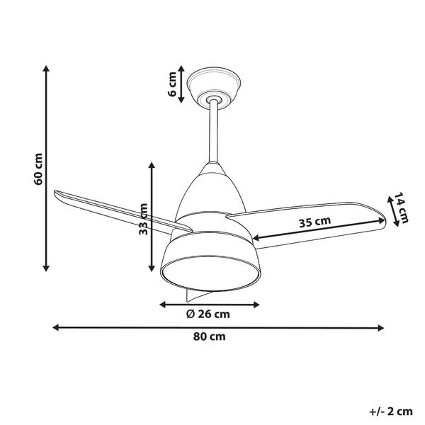 Abmessungen eines Deckenventilators: 60 cm Höhe, 80 cm Durchmesser, 35 cm Flügellänge.