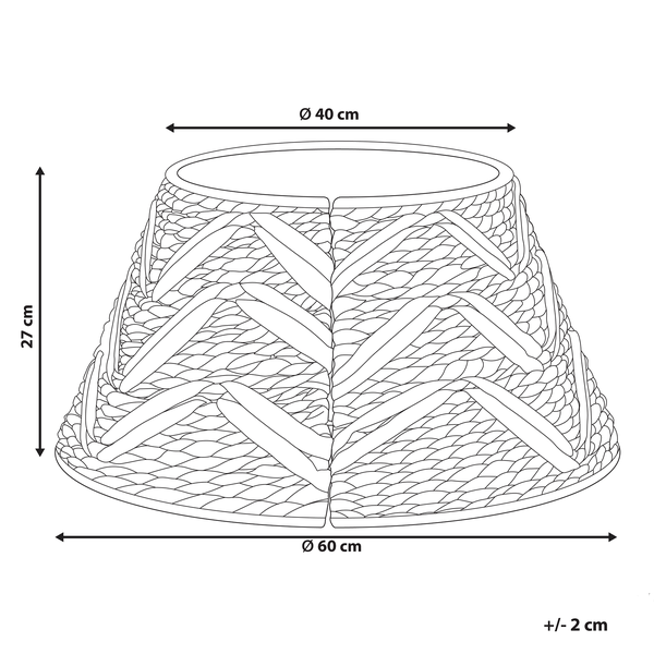 Skizze eines Lampenschirms aus Korbgeflecht mit den Maßen: Durchmesser oben 40 cm, Durchmesser unten 60 cm, Höhe 27 cm, Toleranz +/- 2 cm