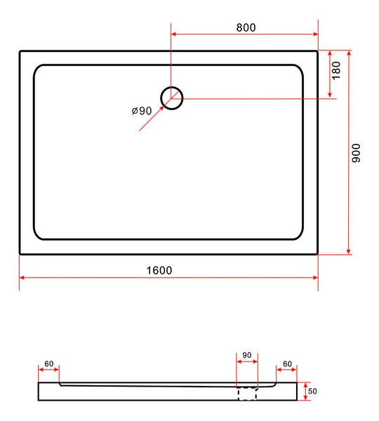 Technische Zeichnung einer Duschwanne mit Maßangaben