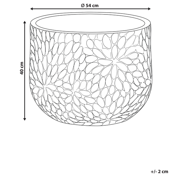 Skizze eines runden Pflanzkübels mit Blumenmuster, Durchmesser 54 Zentimeter, Höhe 40 Zentimeter, Abweichung plus minus 2 Zentimeter.