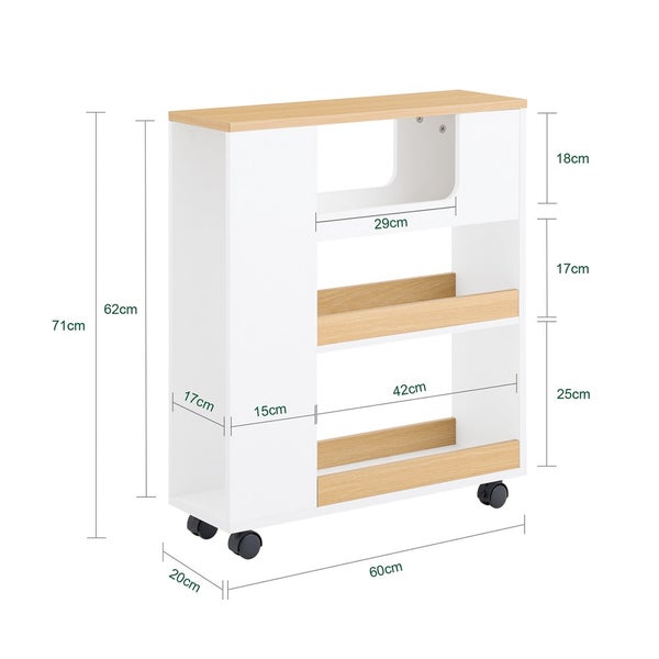 Rollwagen mit den Massen 71 cm Höhe, 60 cm Breite und 20 cm Tiefe.